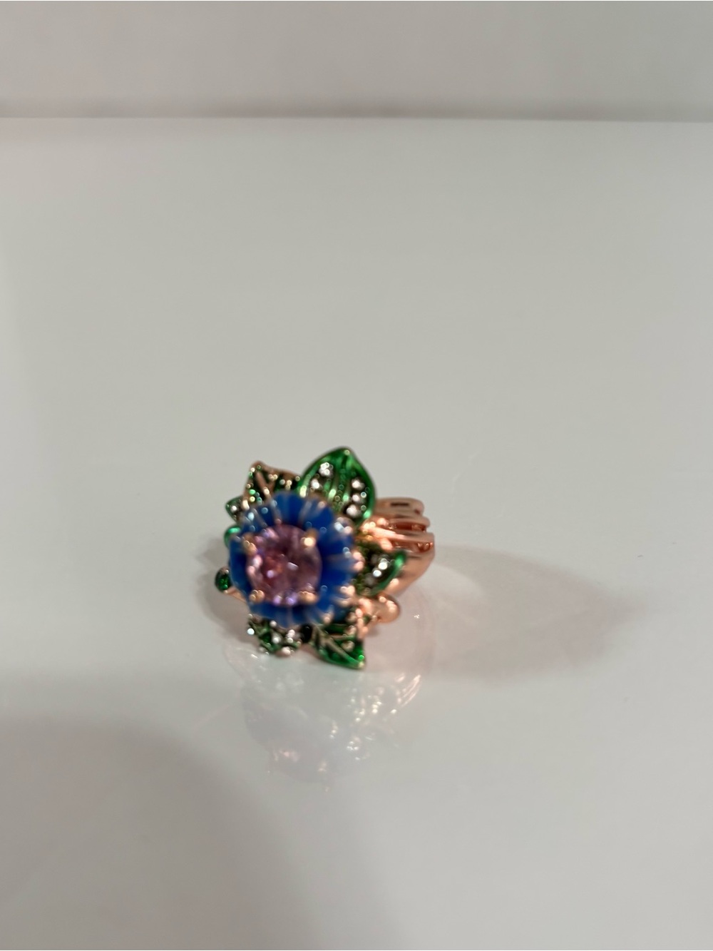 925 silver Rose Gold & Pink synthetic Zirconia Ring & Green / Purple Enamel 7 - Picture 5 of 8